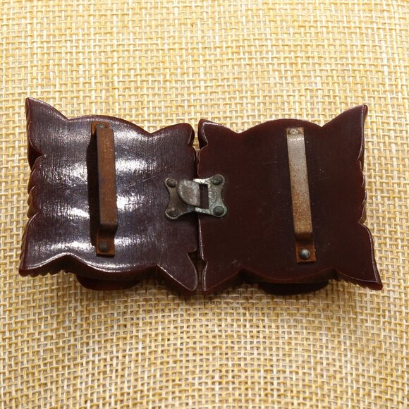 1930-50s Bakelite Elaborate Flower Carved Chocolate Brown Belt Buckle main image 5